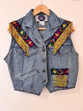 Vintage 80s/90s Don’t Stop Beaded Denim Vest Southwestern Western Size M